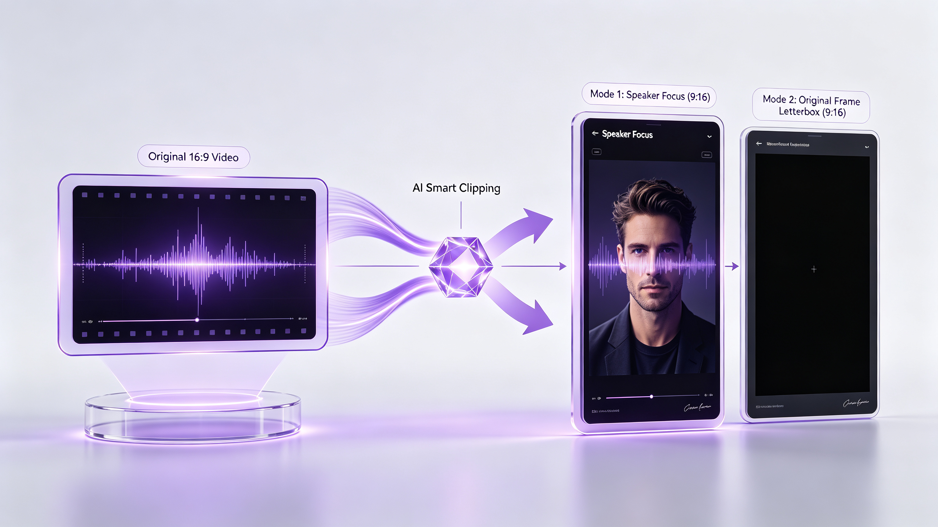 Concept workflow showing 16:9 video splitting into 9:16 speaker focus and letterbox clips